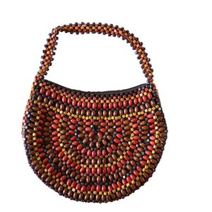 Half Circle Wooden Beaded Boho Shoulder Bag 10"x14" Zip Close EUC